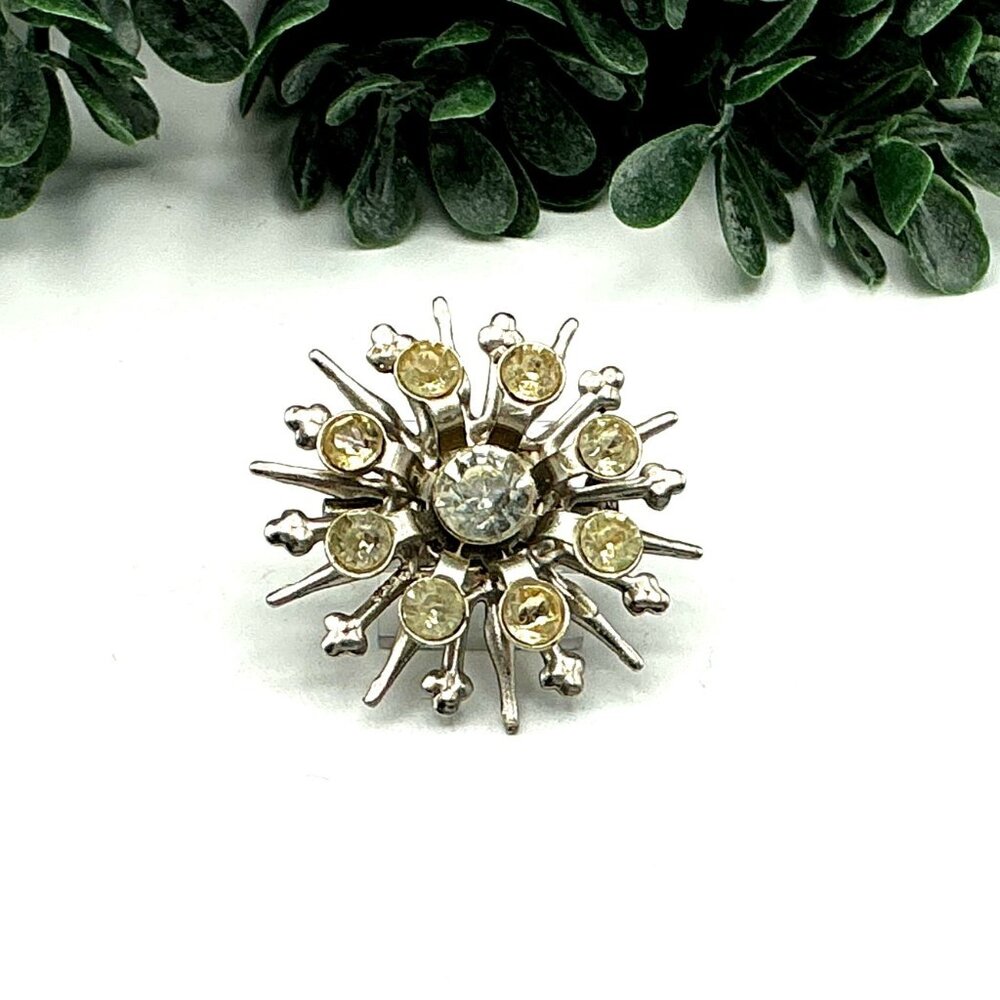 Vintage Silver Tone Yellow Rhinestone Atomic Starburst Brooch Pin